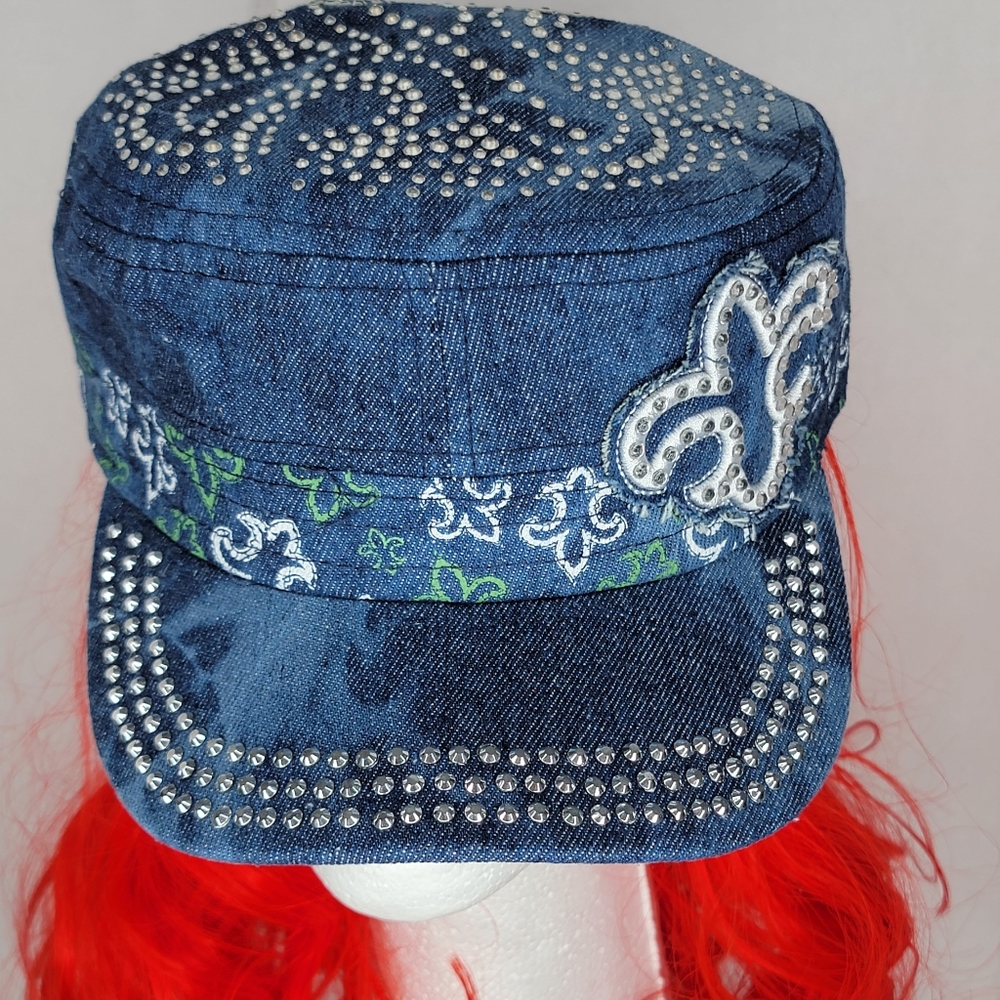 `H25703 NWT Professional Style Splash Denim Rhinestone Fleur De Lis Cadet Caps